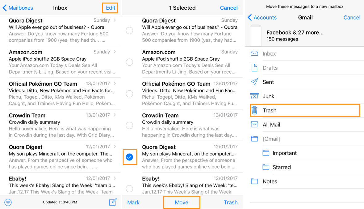 How to Delete All Emails in iOS 10/10.1/10.2 - Step 2