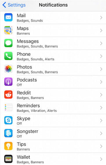 iPhone 7 Notifications App List