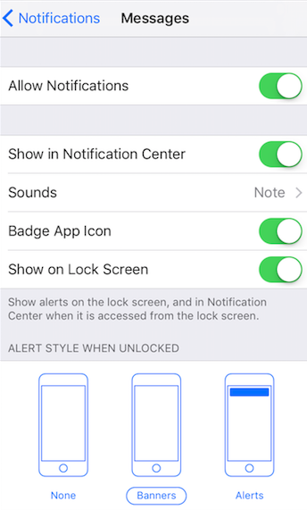 Messages App Notification Setting on iPhone 7