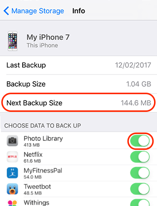 Check iCloud backup size on iPhone 7
