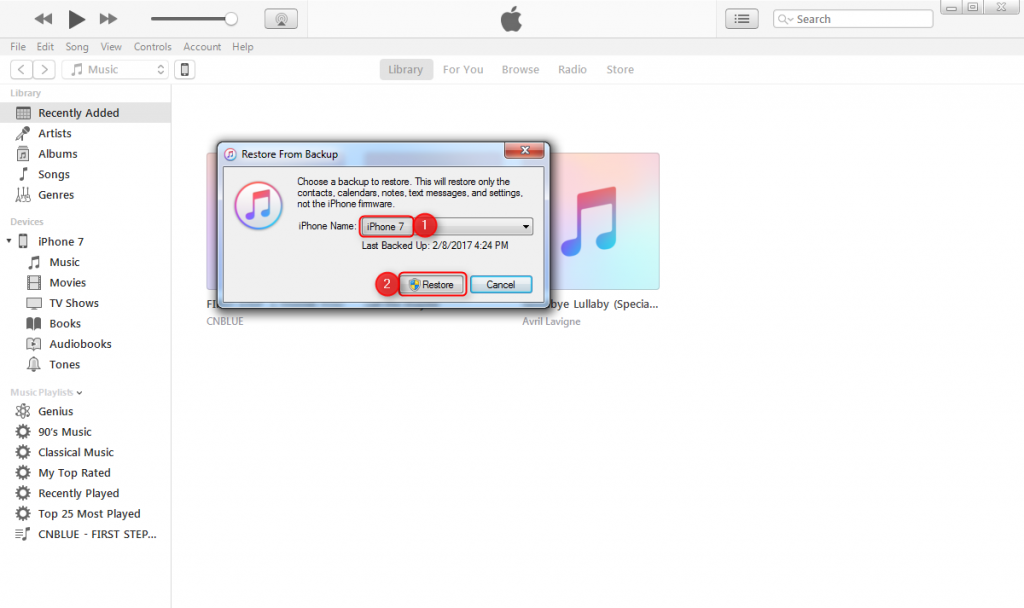 Choose an iTunes backup and click restore