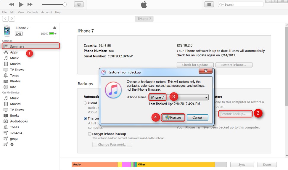 Restore iPhone 7 from iTunes backup
