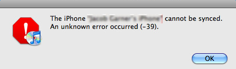 iTunes error -39