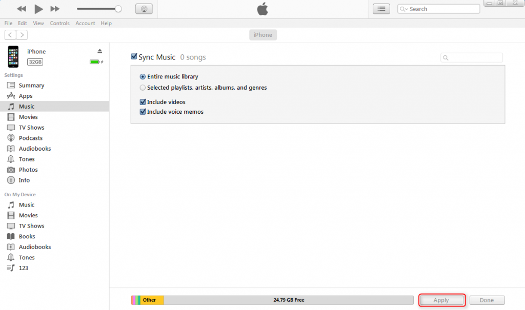 Click Apply to start to sync music to iPhone 