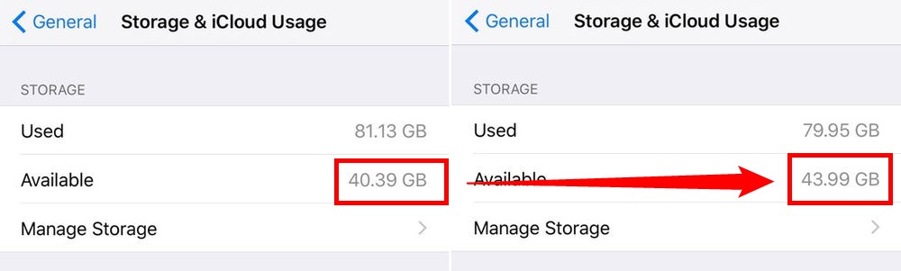 Storage space before and after iOS 10.3 upgrade
