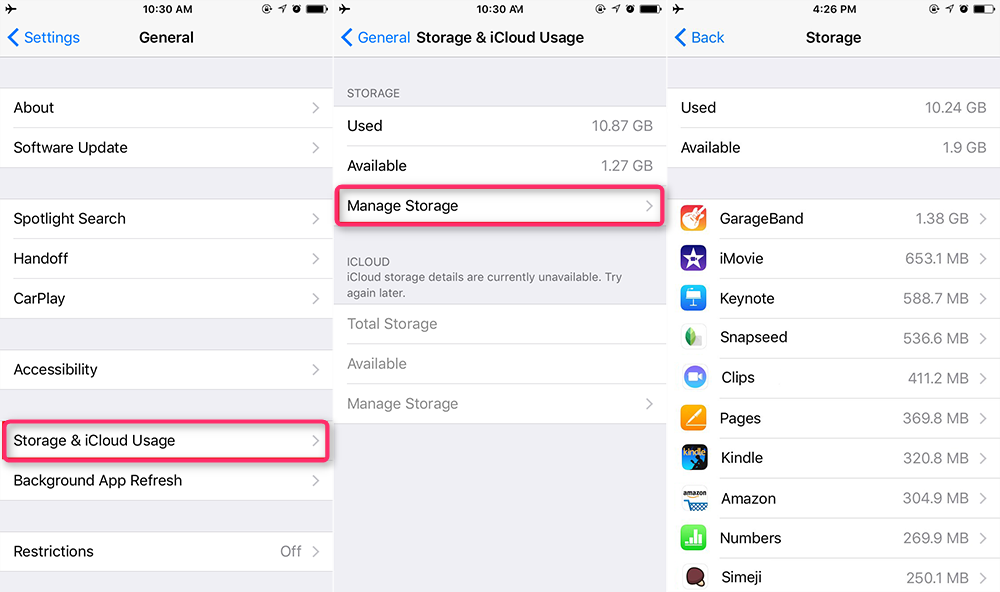 Fix can't install iOS 11 because not enough space - check storage space