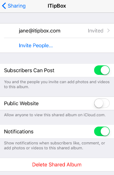 iPhone Shared Album Settings