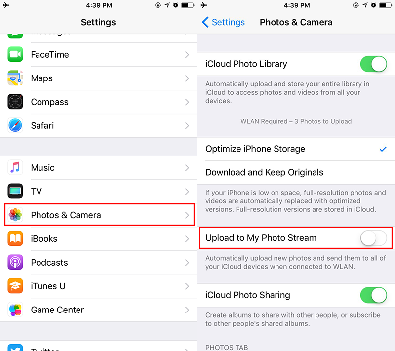 Save iPhone iPad space - turn off Photo Stream