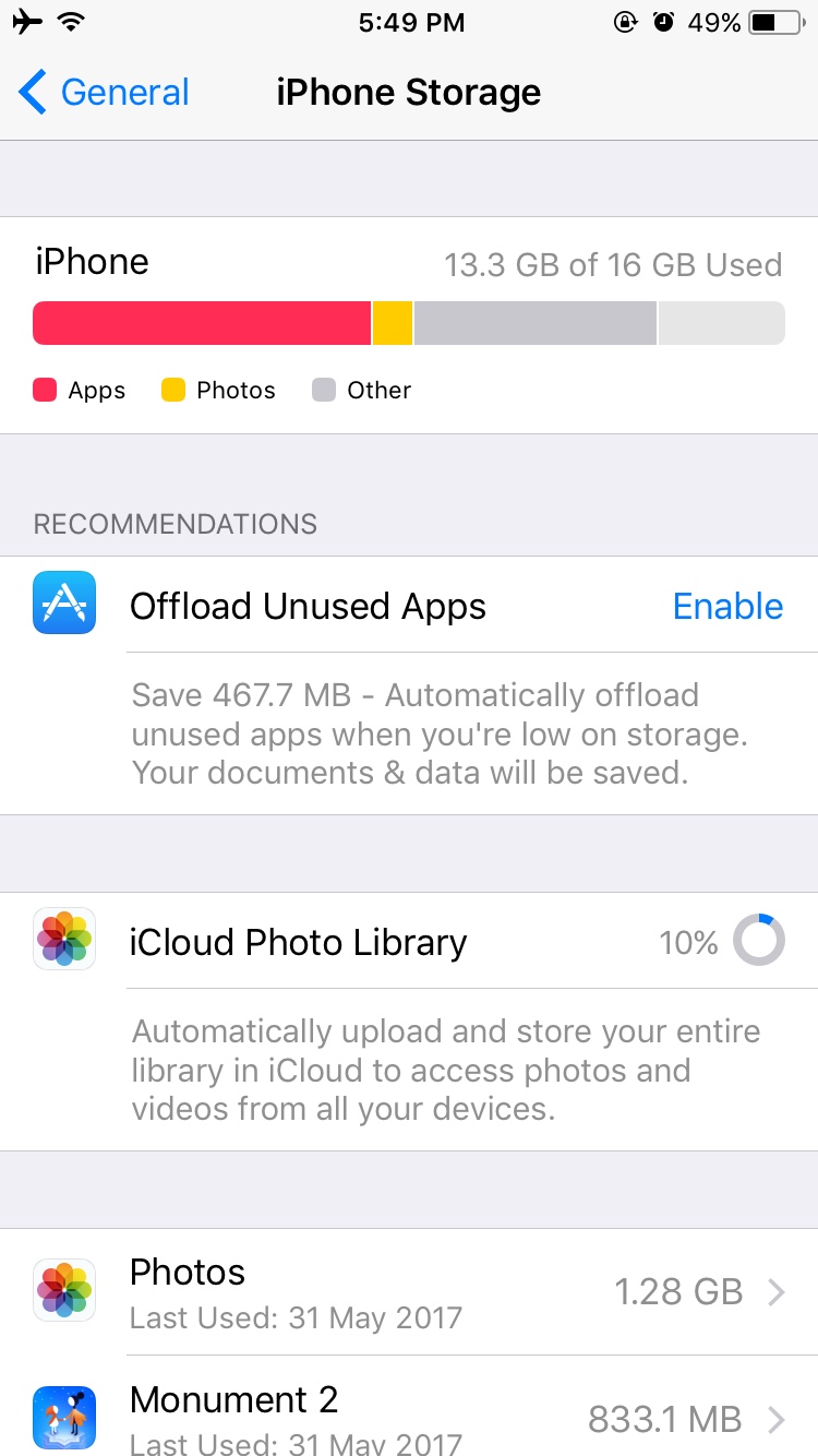 iOS 11 iPhone Storage Recommendations