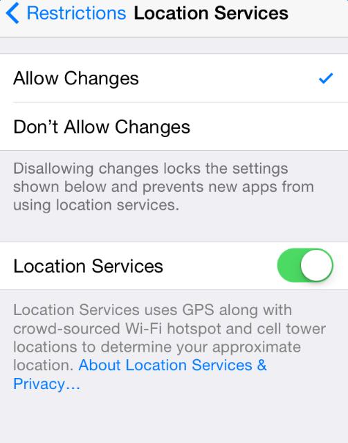 Choose Allow Changes for Location Services on iPhone