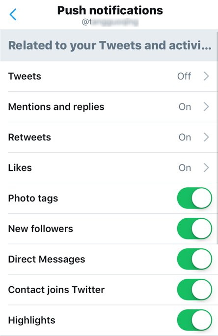 Push Notification settings on Twitter app