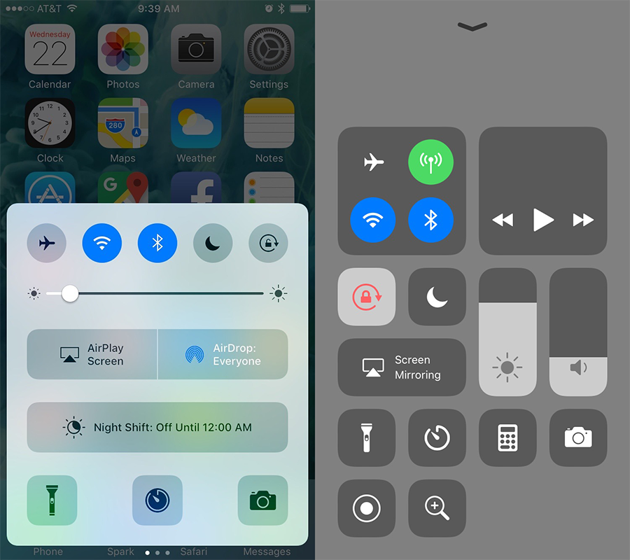 iOS 10 Control Center & iOS 11 Control Center