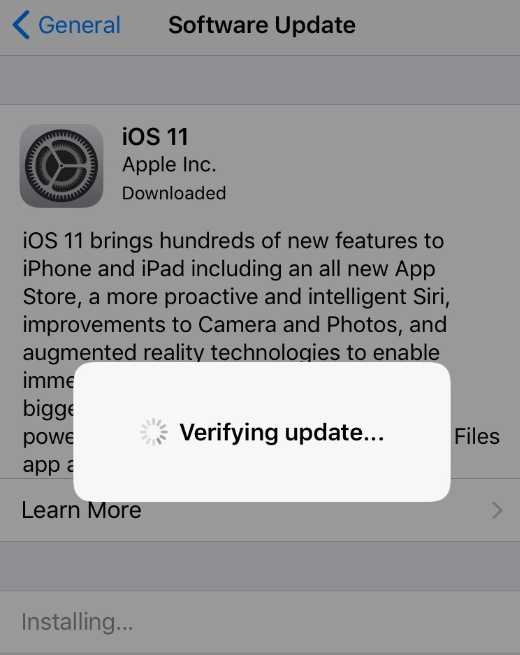 iOS 11 stuck on verifying update while installing