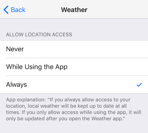Fix iOS 11 Weather Widget - Check Location Service for Weather