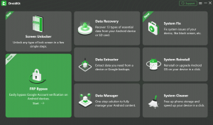 The DroidKit software dashboard highlighting the 'FRP Bypass' feature